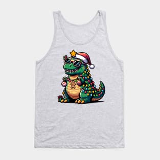 Tree-Rex Holiday Dinosaur - Christmas Tree T-Rex TreeRex Pun with Santa Hat, Lights and Ornaments Tank Top